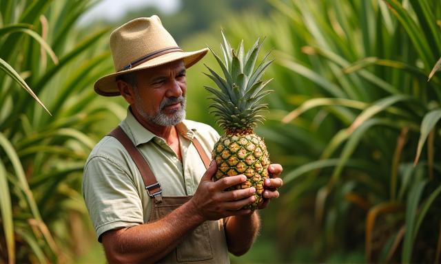Farmer inspecting ripe pineapples