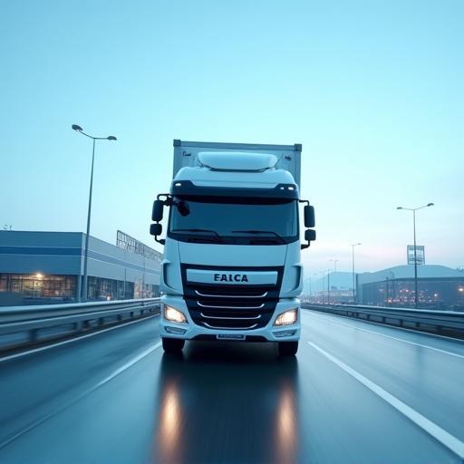 Refrigerated truck leaving factory