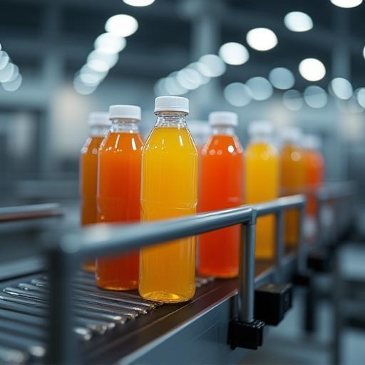 Private-label juice bottles on conveyor belt